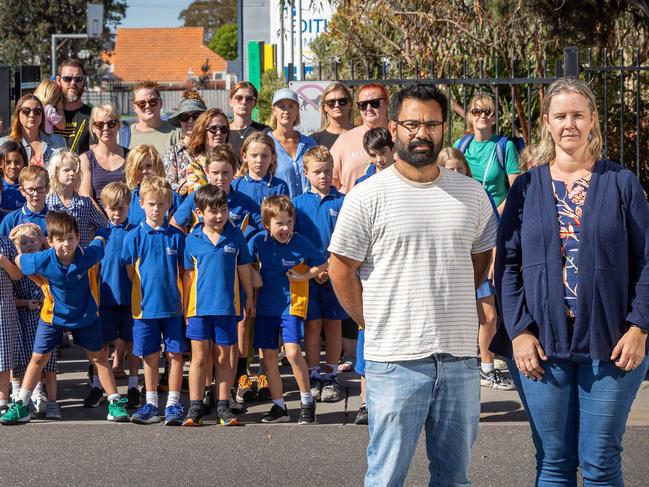 MELBOURNE, MARCH 18, 2025: *NOTE PHOTOGRAPHER NOT ALLOWED ON SCHOOL PROPERTY AND NO AREAS THEY WANT SHADED ARE VISIBLE FROM STREET* Students and parents at Edithvale Primary School are upset it is devoid of any shade or protection from rain. The school council has been pushing for a $270,000 shade cloth but it has been denied. Pictured are school council president Andrew Murray and vice president Katie Tobin. Picture: Mark Stewart