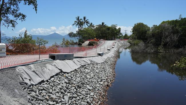 Casuarina St at Holloways Beach that had been washed away has now being filled with rock and a new temporary road built on top. Picture: Nuno Avendano