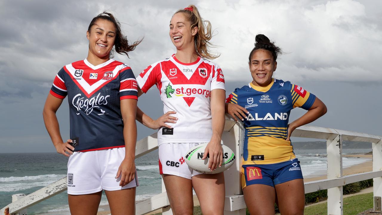 Sydney’s NRLW captains Corban Baxter (Roosters), Kezie Apps (Dragons) and Simaima Taufa (Eels). Picture: Toby Zerna