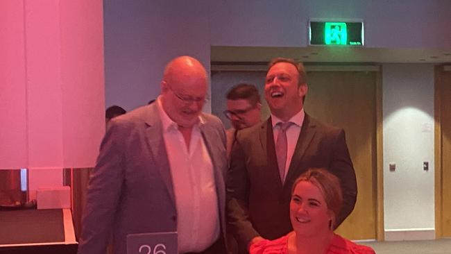 Union boss Gary Bullock and Premier Steven Miles share a word at the back of Labor's post-budget lunch. Picture: Lydia Lynch