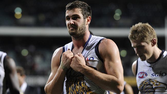 Jack Darling leaves the field after the Eagles’ loss to North Melbourne. Picture: Daniel Wilkins