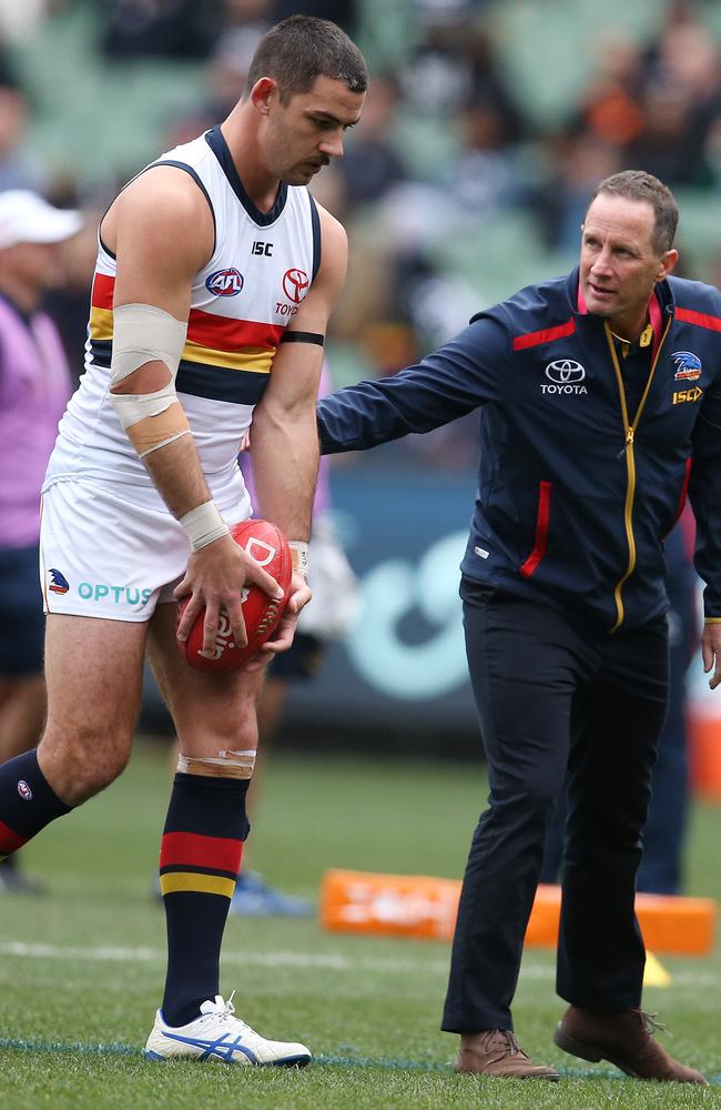 Pyke with co-captain Taylor Walker before Saturday’s game against Carlton at the MCG. Picture: Michael Klein.