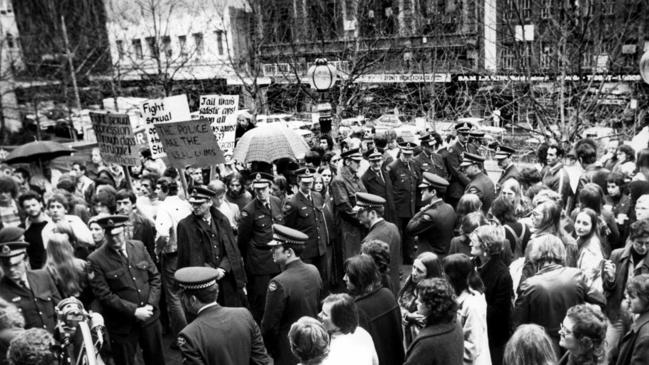 Police in among gay rights protesters outside Central Court in Sydney in 1978, in the forerunner to the popular annual Gay and Lesbian Mardi Gras festival.