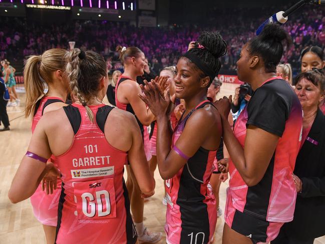 ADELAIDE, AUSTRALIA - JULY 20:  Latanya Wilson of the Thunderbirds thanks the crowd after  the Super Netball Major Semi Final match between Adelaide Thunderbirds and Melbourne Vixens at Adelaide 36ers Arena, on July 20, 2024, in Adelaide, Australia. (Photo by Mark Brake/Getty Images)