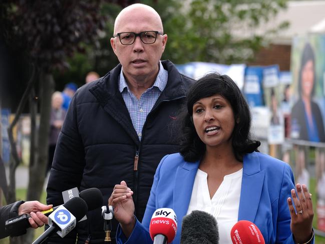 Opposition Leader Peter Dutton and failed Liberal Aston candidate Roshena Campbell. Picture: Luis Ascui