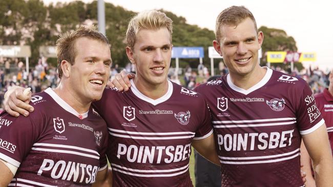 Jake, Ben and Tom Trbojevic after the game. (Photo by Mark Evans/Getty Images)