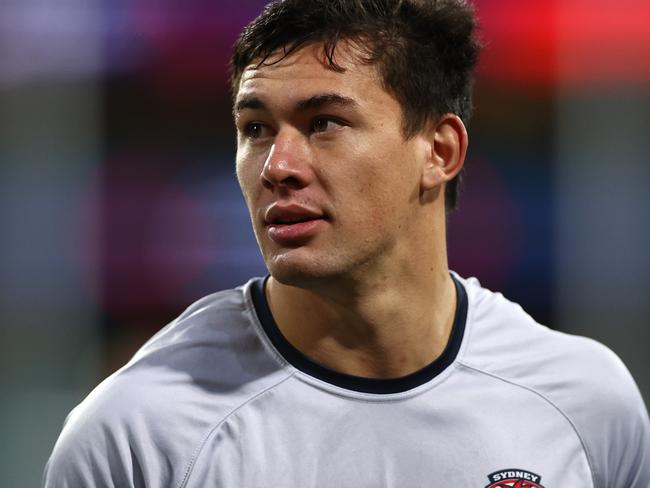 SYDNEY, AUSTRALIA - JULY 16: Joseph Manu of the Roosters warms up for the the round 10 NRL match between the Sydney Roosters and the Canberra Raiders at the Sydney Cricket Ground on July 16, 2020 in Sydney, Australia. (Photo by Cameron Spencer/Getty Images)
