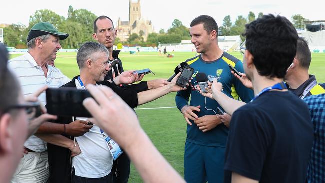 Josh Hazlewood is the centre of attention after impressing in the tour match.