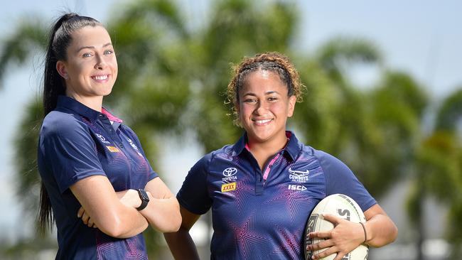 Romy Teitzel and Shaniah Power at the announcement of the North Queensland Gold Stars in the inaugural QRL women’s competition. Picture: Matt Taylor