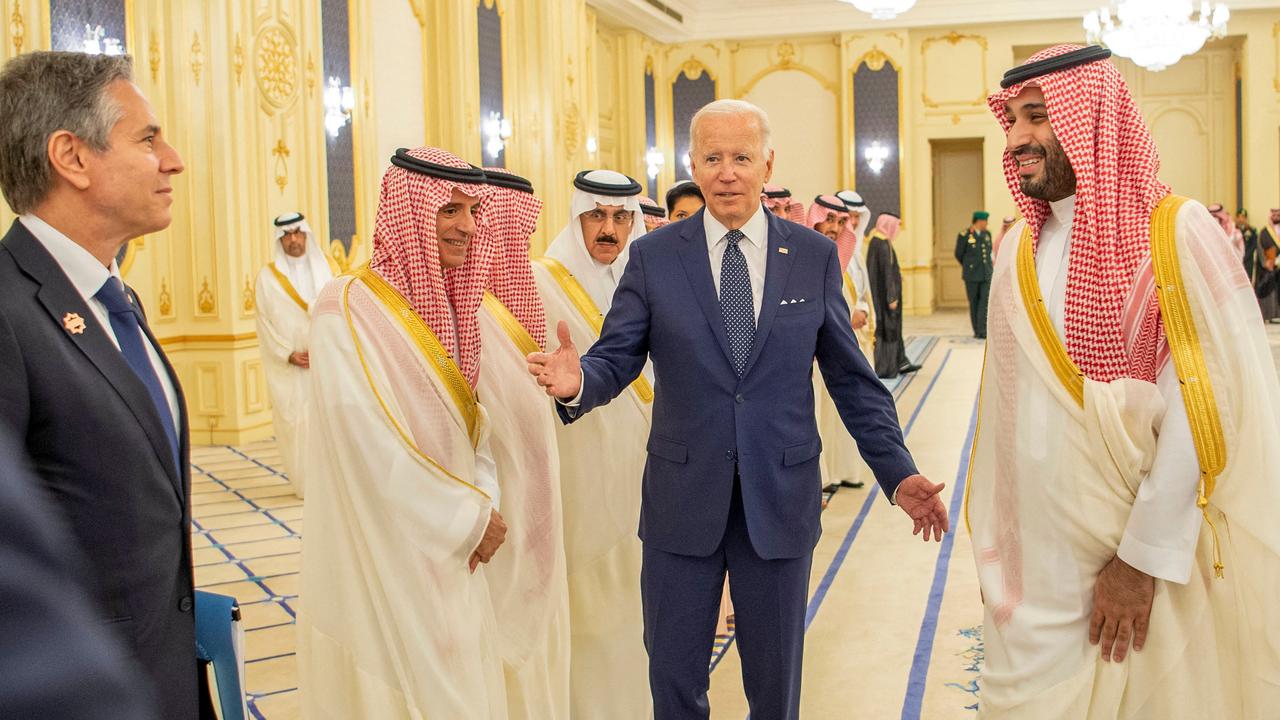 Saudi Crown Prince Mohammed bin Salman (R) greeting US President Joe Biden (2nd-R), in the presence of Saudi Minister of State for Foreign Affairs Adel al-Jubeir (C-L) and US Secretary of State Antony Blinken (L). Picture: Bandar AL-JALOUD / AFP.