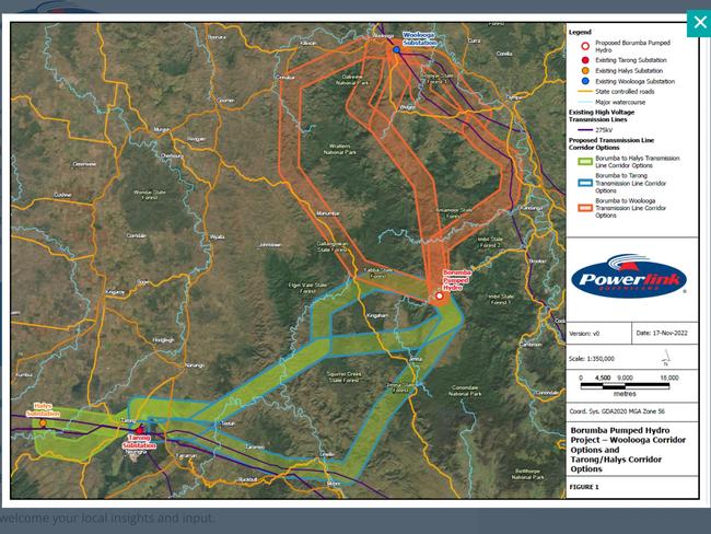 The three options for Powerlink Qld’s high voltage transmission line paths for Borumba Dam pumped hydro plant.