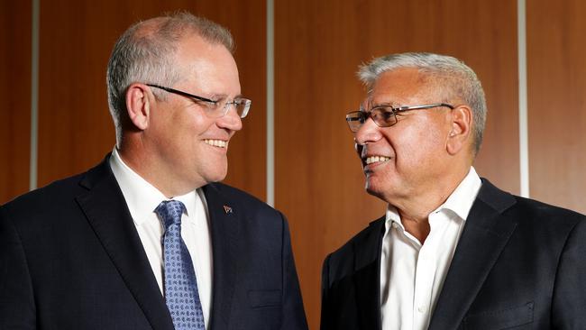 Prime Minister Scott Morrison and Liberal candidate for Gilmore Warren Mundine spoke glowingly of each other yesterday. Picture: Jonathan Ng