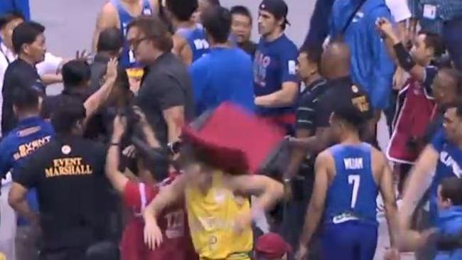 Boomer and Adelaide 36ers star Nathan Sobey cops a chair to the head. Picture: Fox Sports