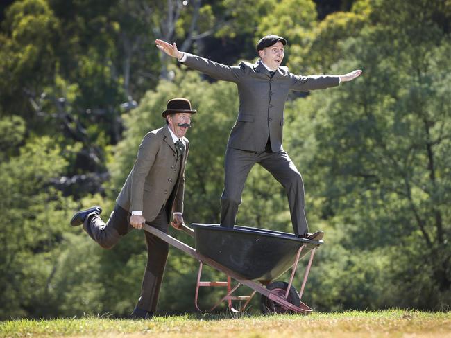 Lano and Woodley at Collingwood Children's Farm ahead of their comedy show about the Wright brothers. Picture: David Caird