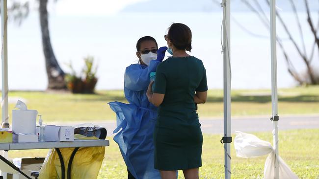 A lady getting a Covid test on the Cairns Esplanade. Picture: Brendan Radke