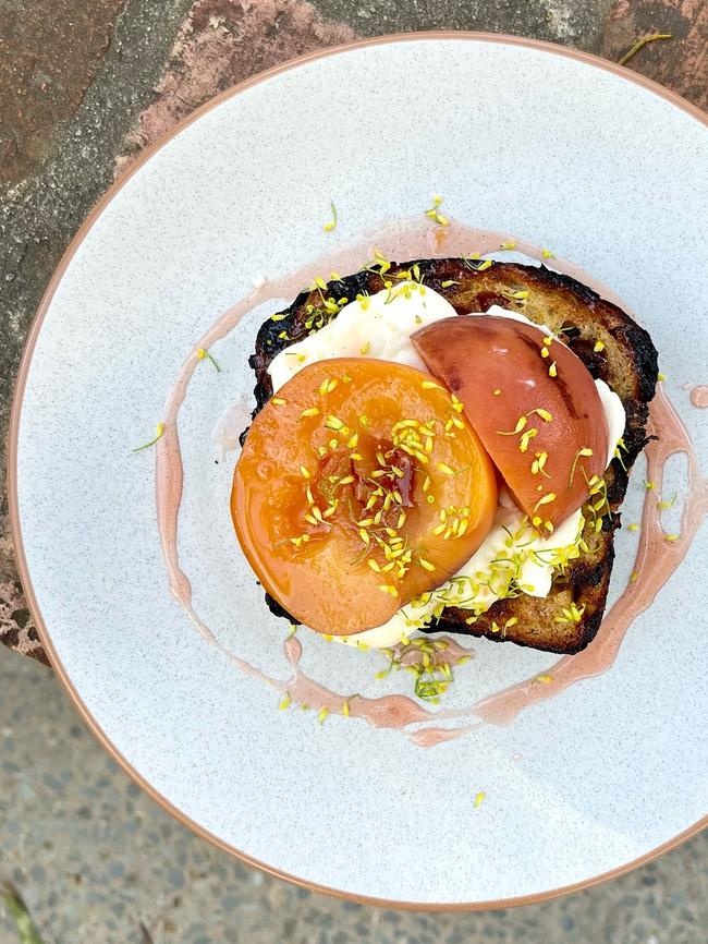 My Grandma Ben's caramelised sourdough fruit bread with whipped ricotta, poached summer peaches. Picture: Instagram @my.grandma.ben