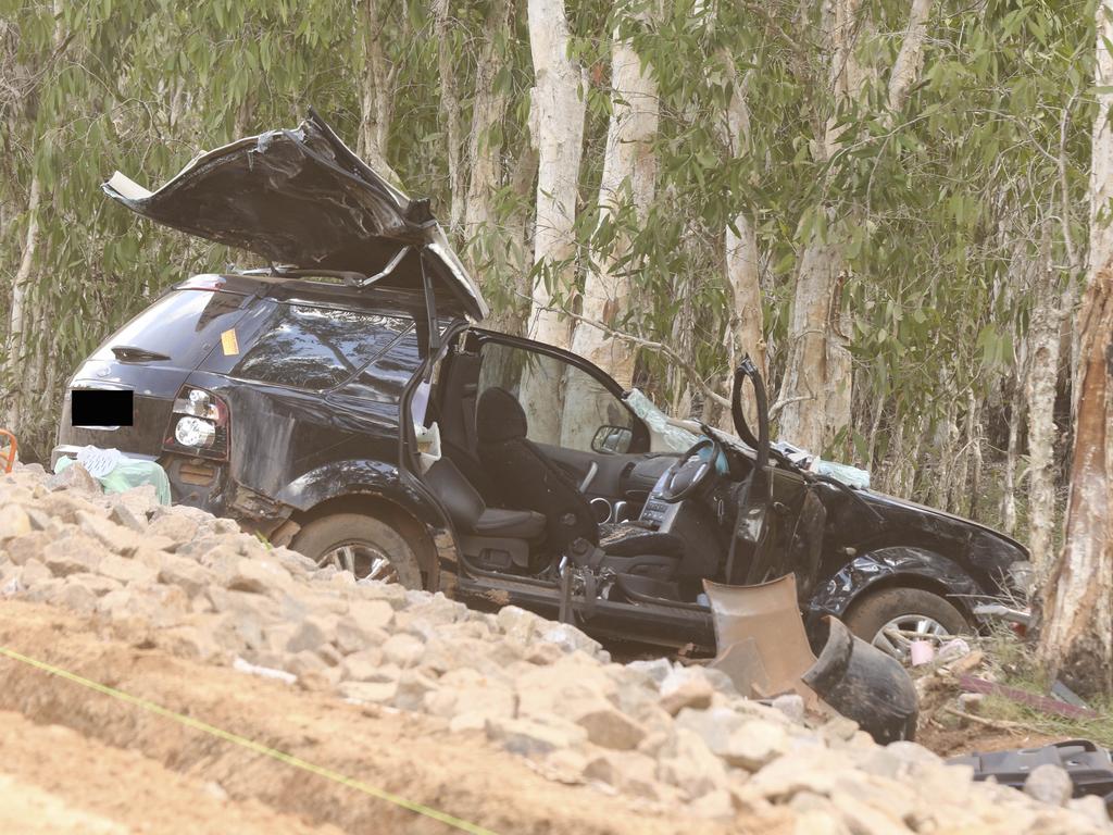 The scene of a serious single vehicle accident on road works on Power Rd, Girraween. Picture: Glenn Campbell