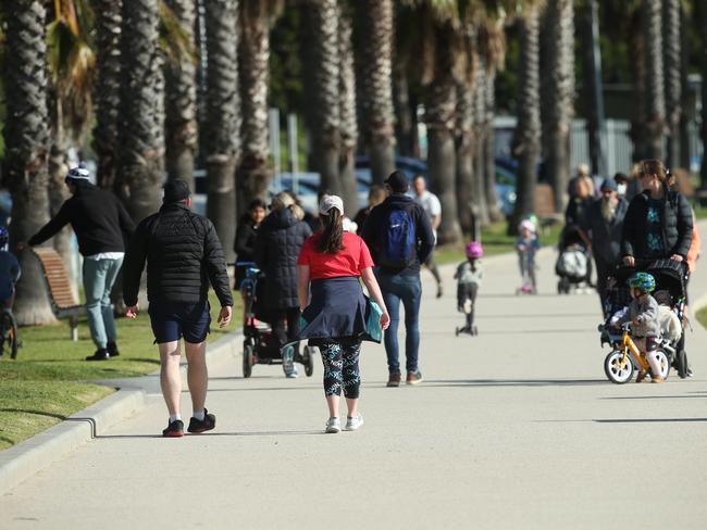 Eastern Beach was busy with walkers, runners and riders on Sunday morning. Picture: Alan Barber