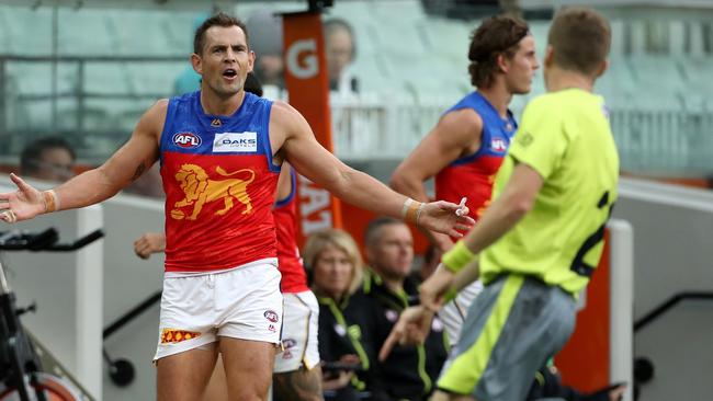 Luke Hodge isn’t happy with the umpire’s decision against the Tigers. Picture: AAP