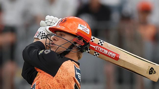 PERTH, AUSTRALIA - DECEMBER 15: Cooper Connolly of the Scorchers bats during the BBL match between Perth Scorchers and Melbourne Stars at Optus Stadium, on December 15, 2024, in Perth, Australia. (Photo by Paul Kane/Getty Images)