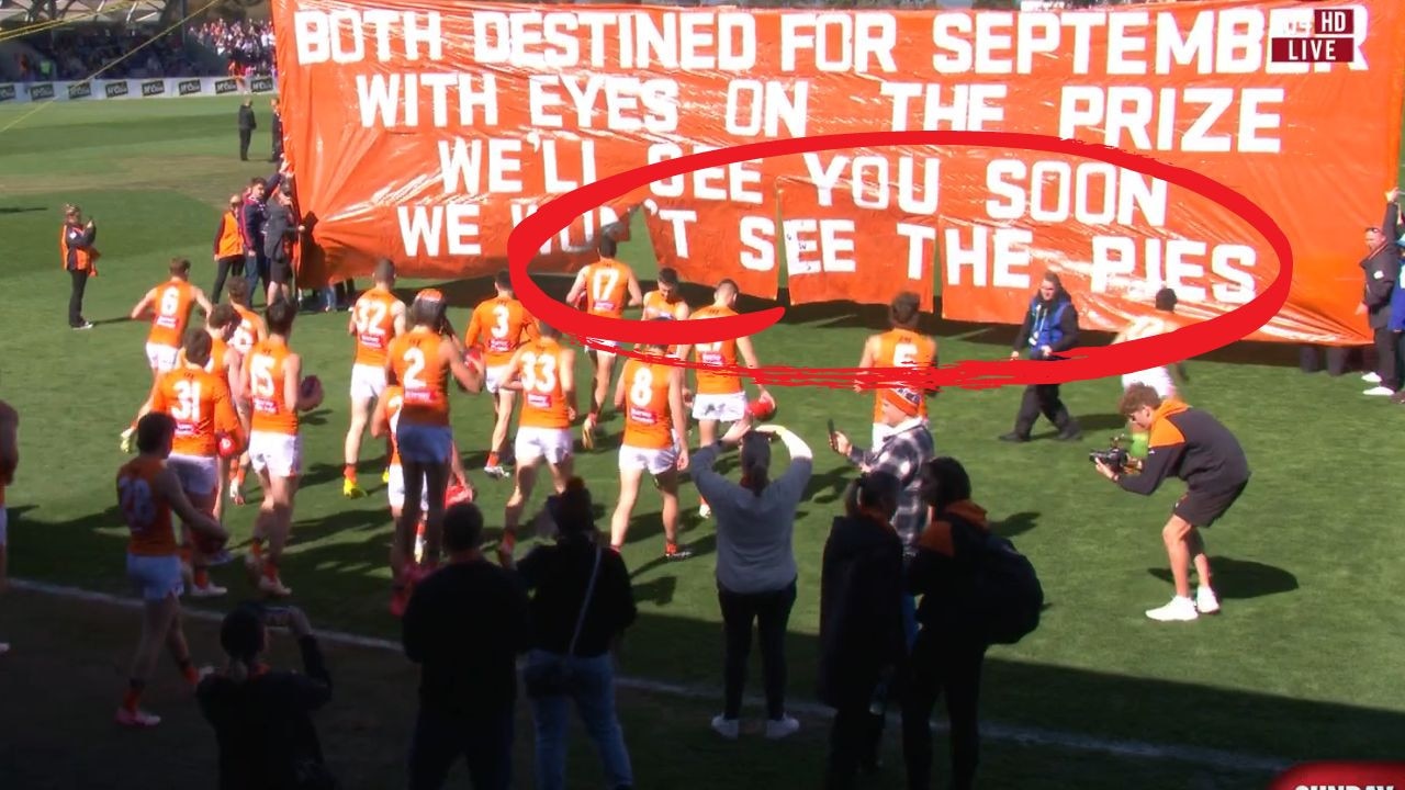 The GWS banner ahead of the Bulldogs match. Photo: Fox Sports