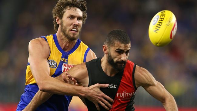 Tom Hickey helped the Eagles put the clamps on Bombers’ speedster Adam Saad earlier this year. Picture: Getty Images