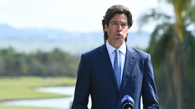 AFL chief executive Gillon McLachlan confirming the Gabba will host the grand final from the league’s quarantine hub on the Gold Coast. Picture: Quinn Rooney/Getty Images