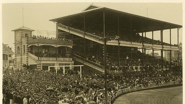 The Ernest Baynes Stand at the Brisbane Exhibition Ground during Sir Donald Bradman’s Test cricket debut against England in 1928. Picture: RNA