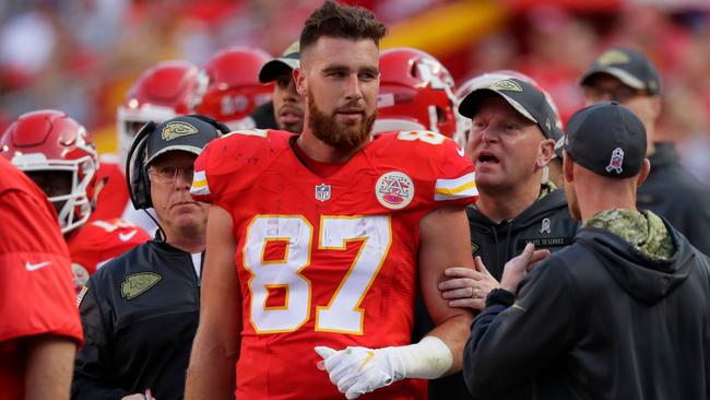 Tight end Travis Kelce #87 of the Kansas City Chiefs stands on the sidelines.