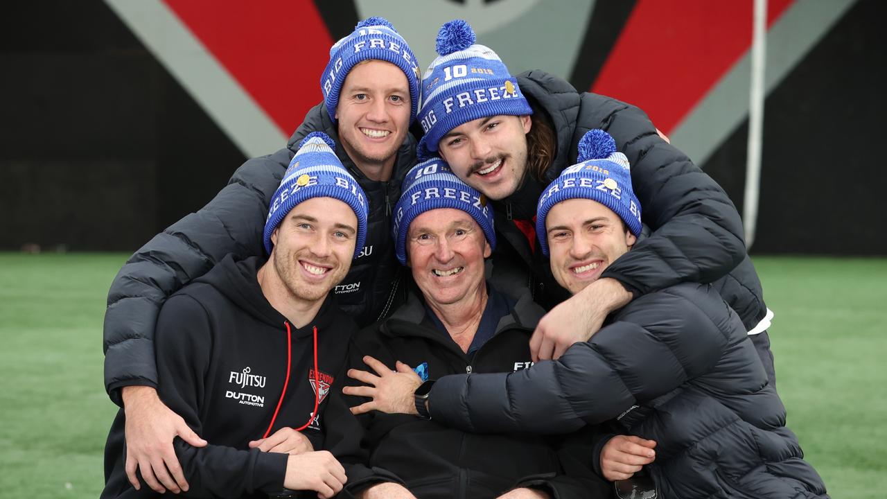 Neale Daniher with Essendon football club players ahead of Freeze at the G including Zach Merritt, Darcy Parish, Sam Draper and Andrew McGrath. Picture: David Caird