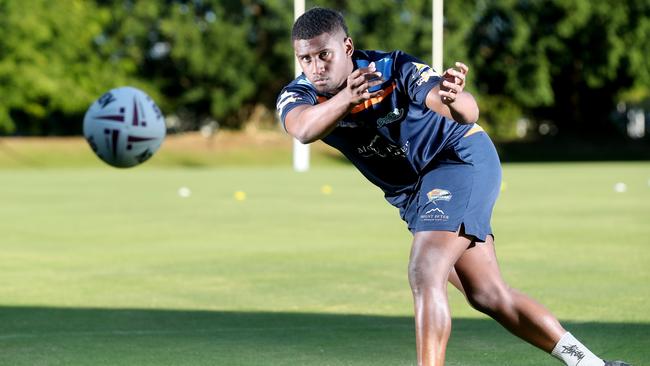 Dantoray Lui training with former club the Northern Pride while back in Cairns due to the coronavirus outbreak. The Cronulla Sharks junior development player returned to Sydney this month in pursuit of his rugby league dreams. PICTURE: STEWART McLEAN