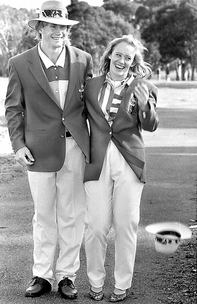 Athletes Martin Hunter and Jenny Donnet model the 1992 Olympic uniform for Barcelona. Picture: Michael Potter