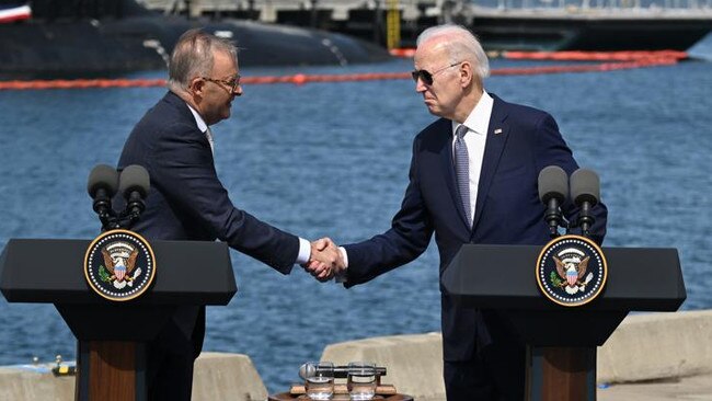 Joe Biden and Anthony Albanese shake hands over the AUKUS deal. Picture: Getty Images.