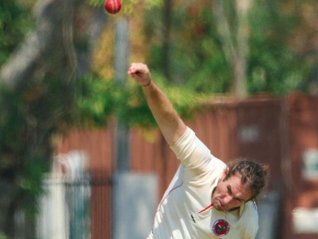 Chris McEvoy, bowling last season against Nightcliff in Premier Grade, took a hat-trick as PINT lost 4/0 in as many deliveries. Picture: Glenn Campbell.