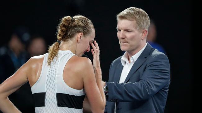 Czech Republic's Petra Kvitova (L) is interviewed by former champion Jim Courier. Picture: AFP