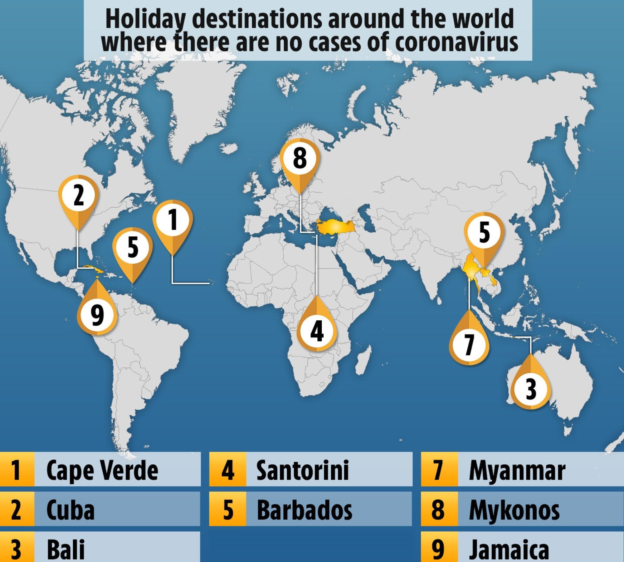 The map shows the countries which have no cases of coronavirus,