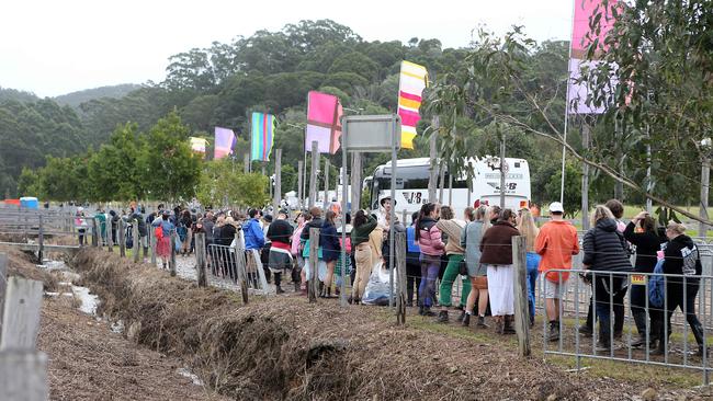 Queues for buses in and out of the festival were up to six hours for some festivalgoers. Picture: Richard Gosling