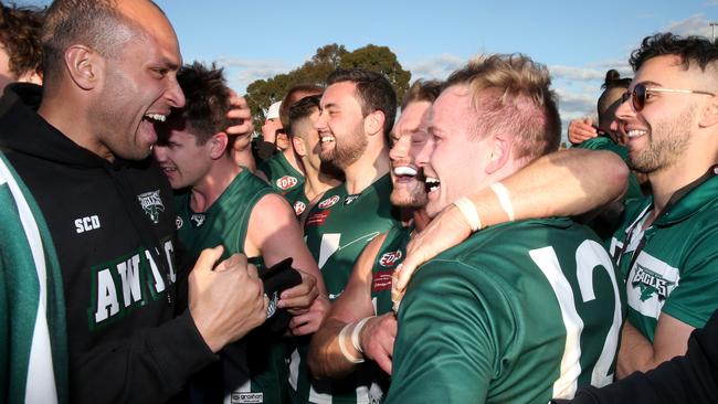 Airport West celebrates its EDFL Division 1 grand final triumph. Picture: Mark Dadswell.