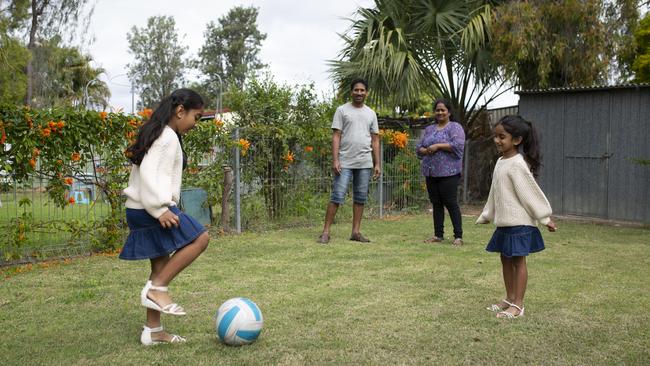 The Nadesalingam family – Priya and Nades with their daughters Kopika, 7, and Tharnicaa, 5, photographed at their home in Biloela. Picture: Russell Shakespeare