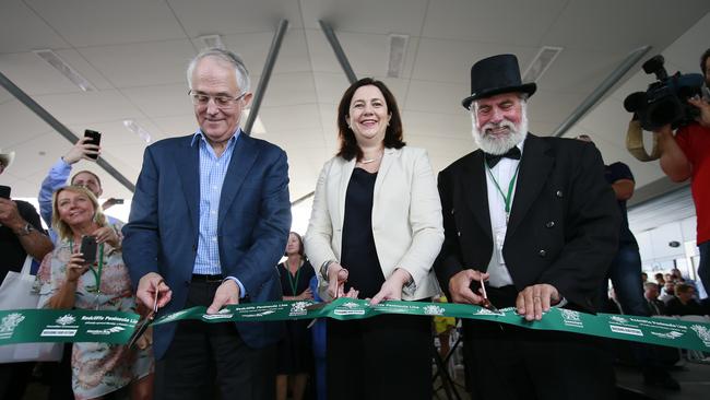 Former Prime Minister Malcolm Turnbull, Premier Annastacia Palaszczuk and Moreton Bay Mayor Allan Sutherland at the opening of the Redcliffe Peninsula Line. Photo: Adam Armstrong