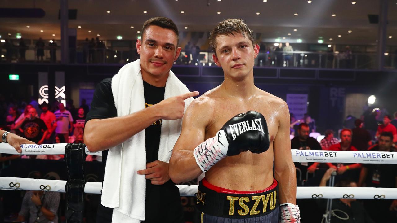 Nikita Tszyu celebrates winning with his brother Tim Tszyu after defeating Aaron Stahl at Nissan Arena on March 03, 2022 in Brisbane. Photo: Getty Images