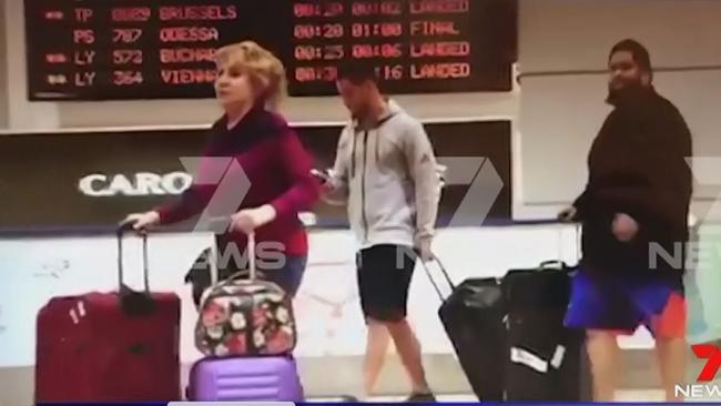 Jarryd Hayne pictured at Tel Aviv Airport after fleeing Sydney following accusations he raped a woman in 2015. Picture: Seven News