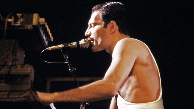 Freddie Mercury pictured in 1984 performing at the Palais Omnisports de Paris Bercy. Picture: Jean-Claude Coutausse/AFP