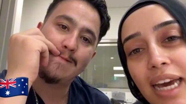 NSW government officials are investigating after nurses at Bankstown Hospital, Rashad Nadir and Sarah Abu Lebdeh, wearing their NSW Health uniforms were filmed declaring they refuse to treat Israeli people and would "kill them" if they present to their ward. Picture: NewsWire Handout