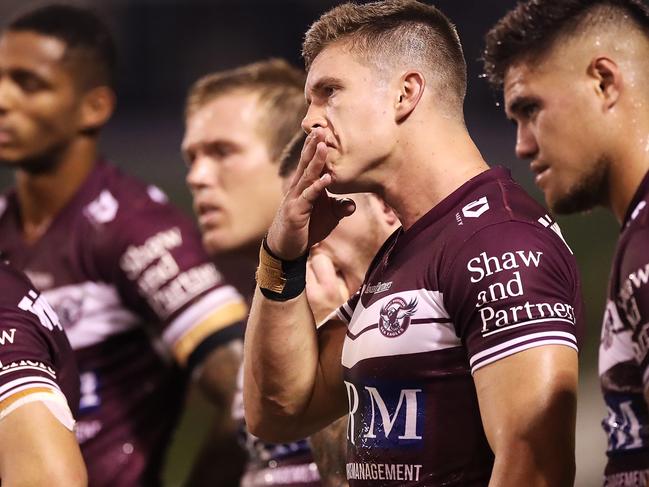 WOLLONGONG, AUSTRALIA - MARCH 26:  Reuben Garrick of the Sea Eagles looks dejected after a try during the round three NRL match between the St George Illawarra Dragons and the Manly Warringah Sea Eagles at WIN Stadium on March 26, 2021, in Wollongong, Australia. (Photo by Mark Kolbe/Getty Images)