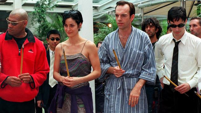Laurence Fishburne, Carrie Ann Moss, Hugo Weaving and Keanu Reeves on the set of Matrix in Sydney in 1998.