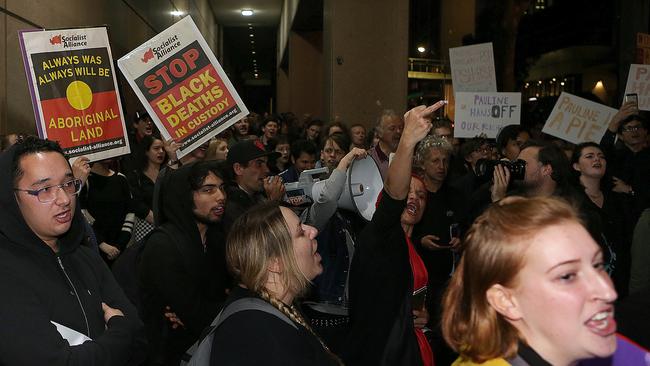 Crowds gather outside the ABC’s Ultimo studio to protest Ms Hanson’s appearance.