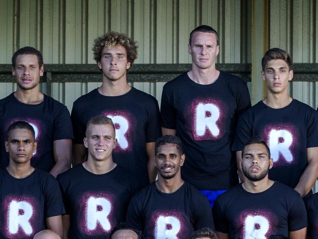 AFL Indigenous All Stars team supports the Recognise Campaign to change the constitution to recognise Indigenous Australians pictured at Leederville Oval in Perth. Photo includes coaching staff.