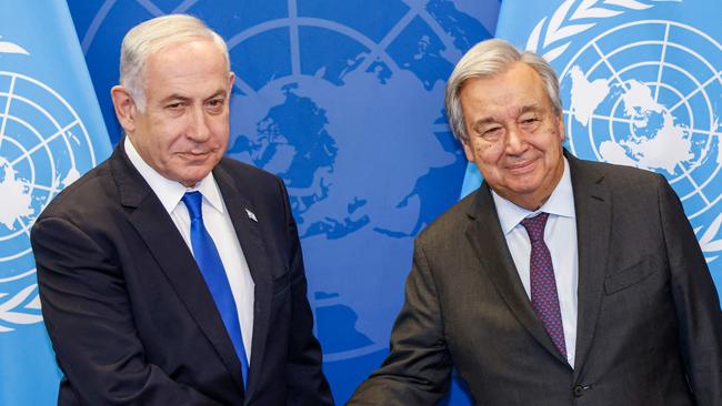 UN Secretary-General Antonio Guterres with Israeli Prime Minister Benjamin Netanyahu at the United Nations Headquarters.