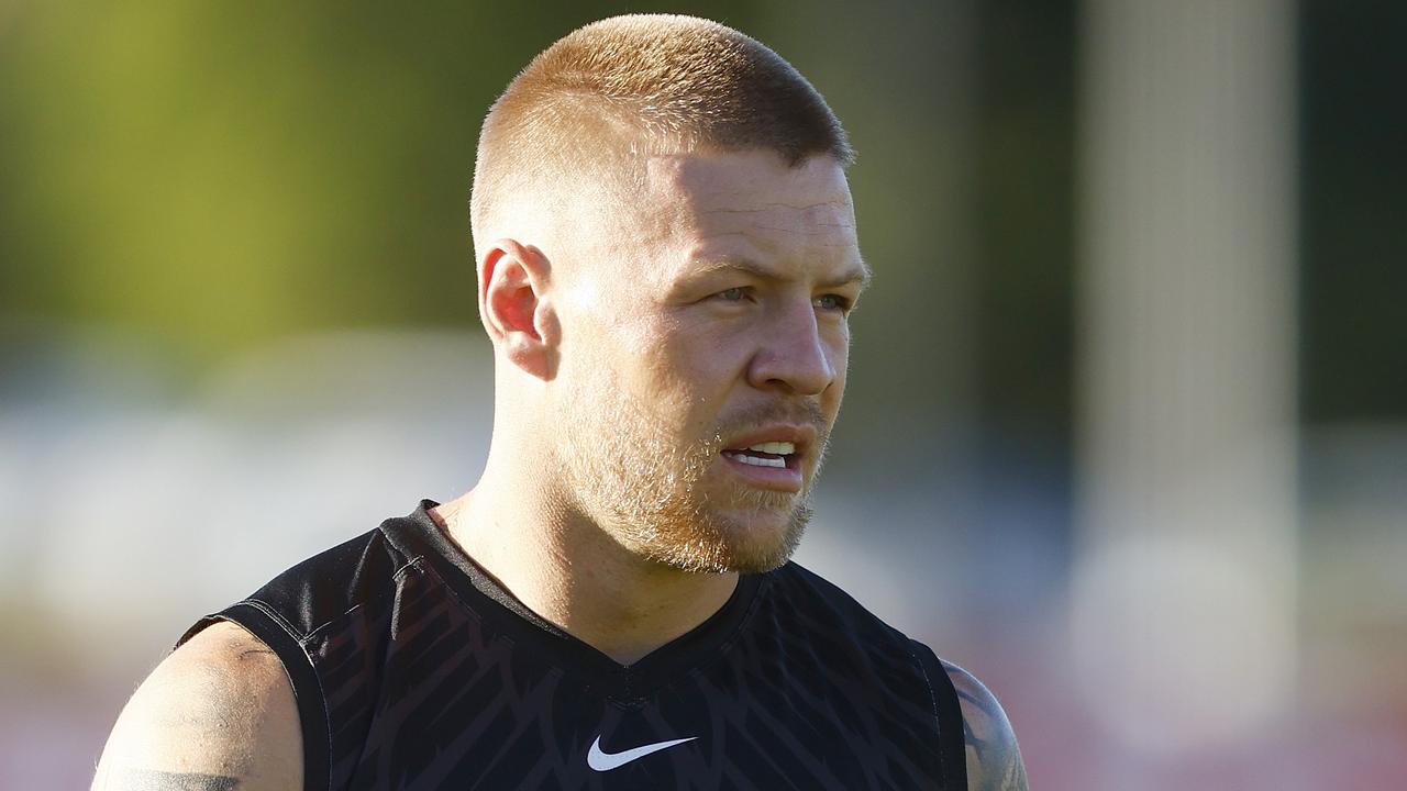 MELBOURNE, AUSTRALIA - FEBRUARY 12: Jordan De Goey of the Magpies looks on during a Collingwood Magpies AFL training session at Holden Centre on February 12, 2022 in Melbourne, Australia. (Photo by Mike Owen/Getty Images)